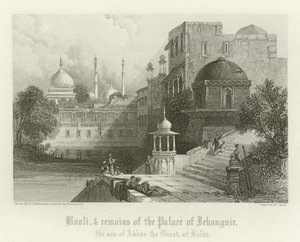 Baoli och resterna av Palace of Jahangir, Delhi, Indien